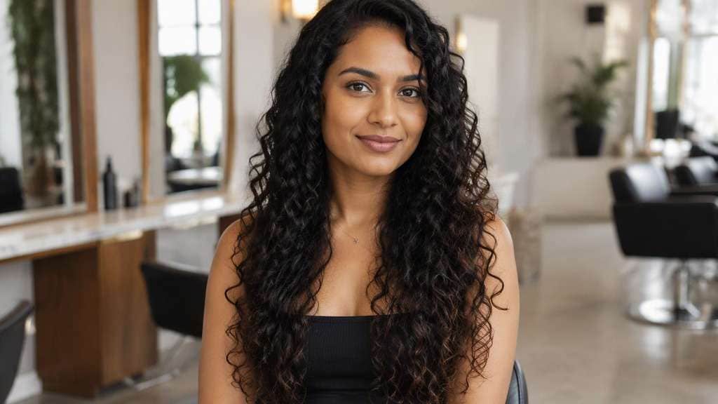 Waist-Length Curly Hair hair on an adult model, showing defined curls with apparent dry ends near waist, balanced volume and realistic s