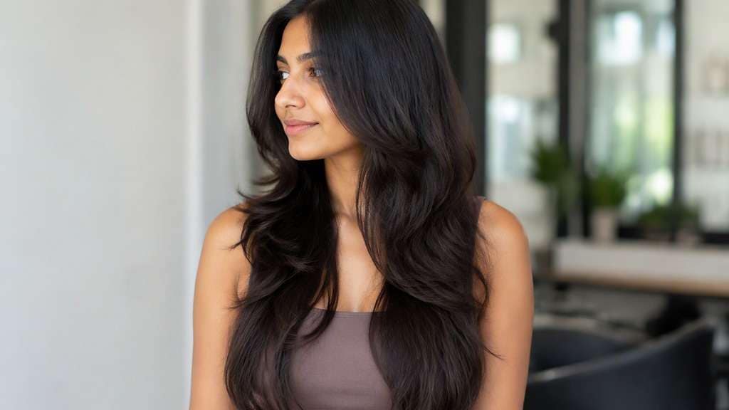 Waist-Length Hair with Face-Framing Layers hair on an adult model, showing shorter front pieces beginning at collarbone while back stays waist length.