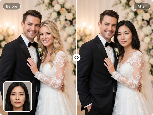 AI wedding face swap of bride and groom smiling naturally