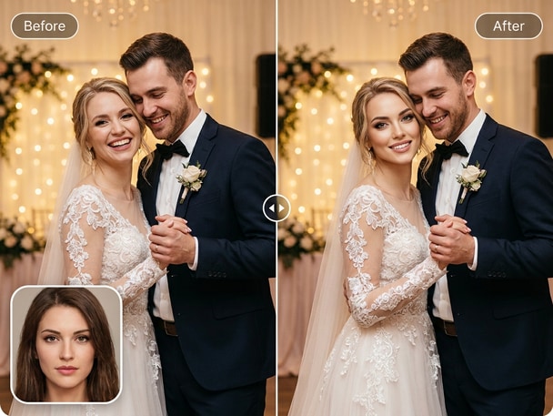 AI wedding face swap preview showing bride and groom photo edit