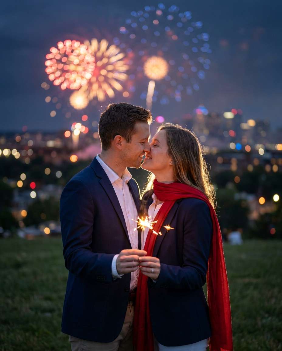 couple fireworks kiss photo