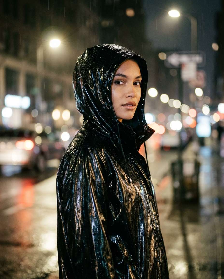 glossy black raincoat photo