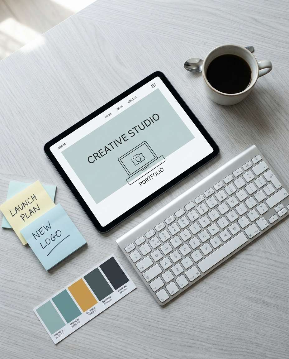 creator desk flat lay photo