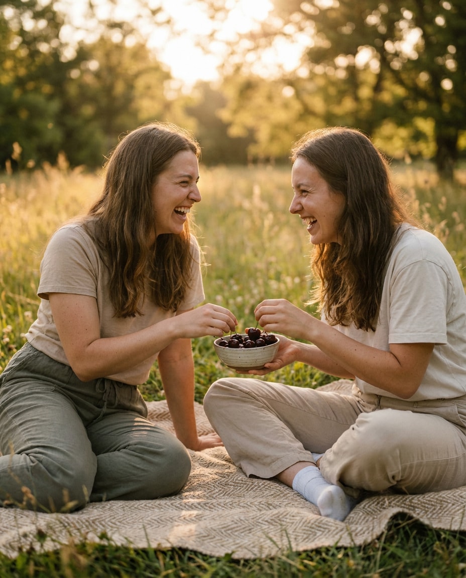 picnic couple sharing bowl photo