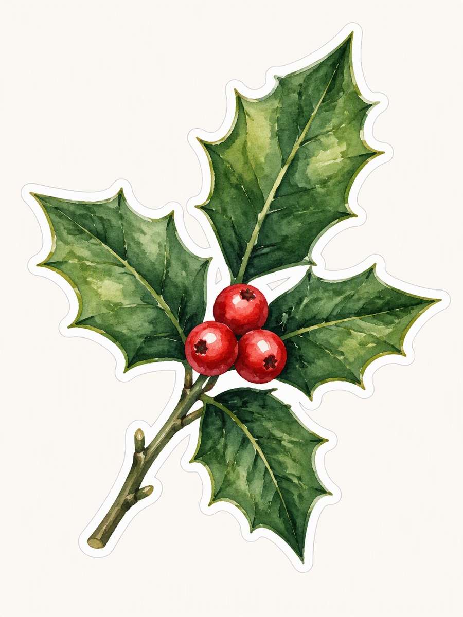Watercolor Holly Sprig: AI-generated Christmas sticker prompts example