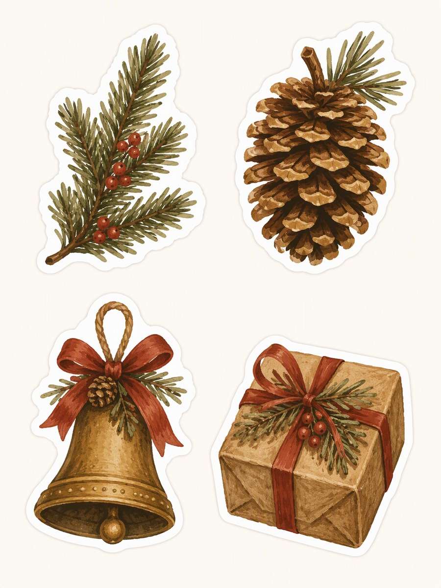 Rustic Gift-Tag Quartet: AI-generated Christmas sticker prompts example