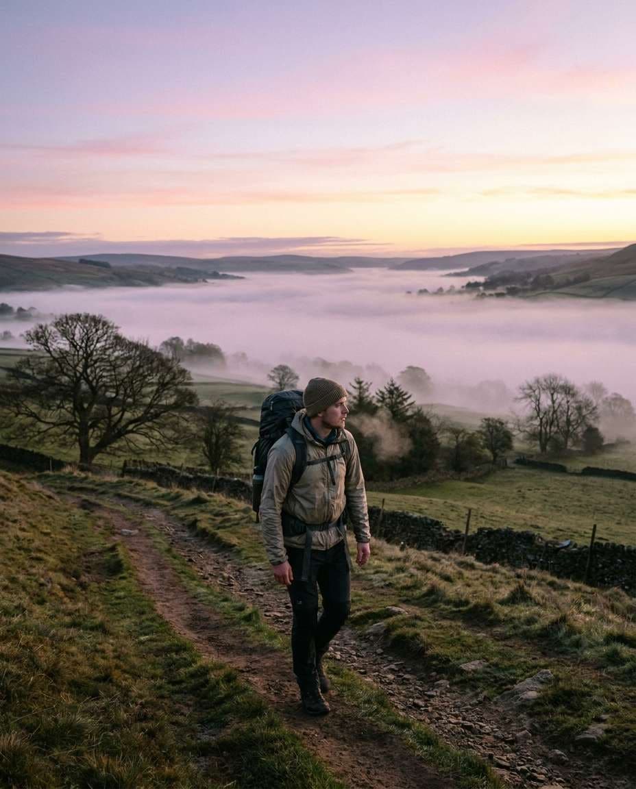 misty dawn hiker photo