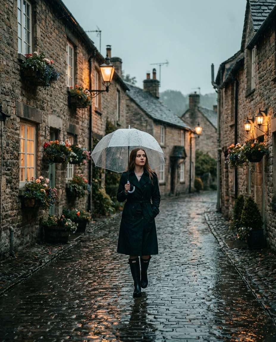 rainy village umbrella photo