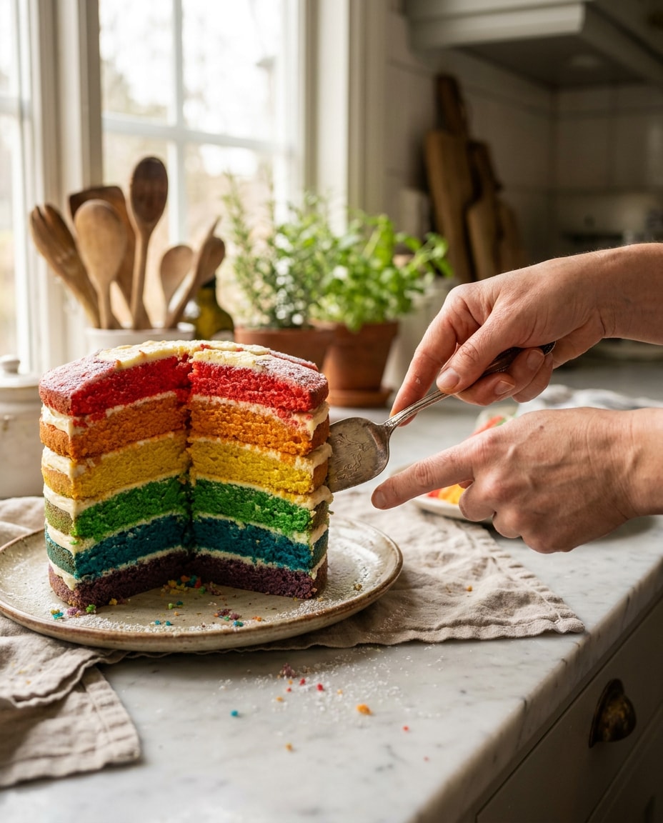 hands slicing layer cake photo