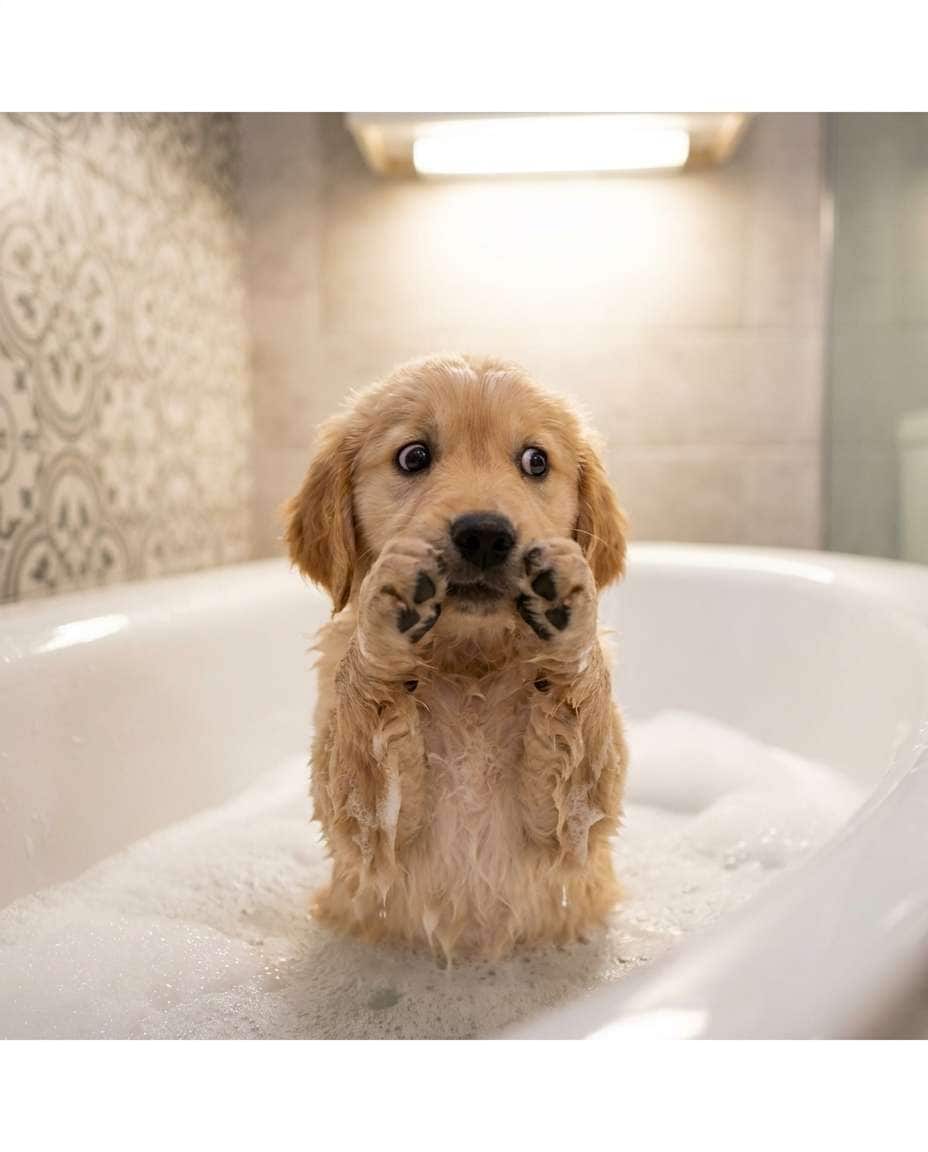 puppy first bath photo