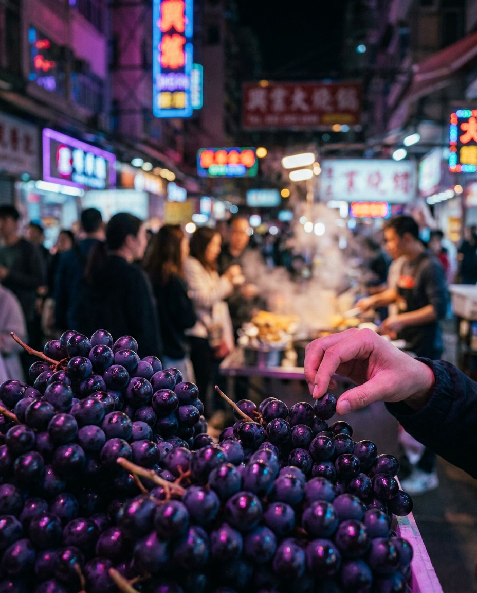 neon night market grapes photo
