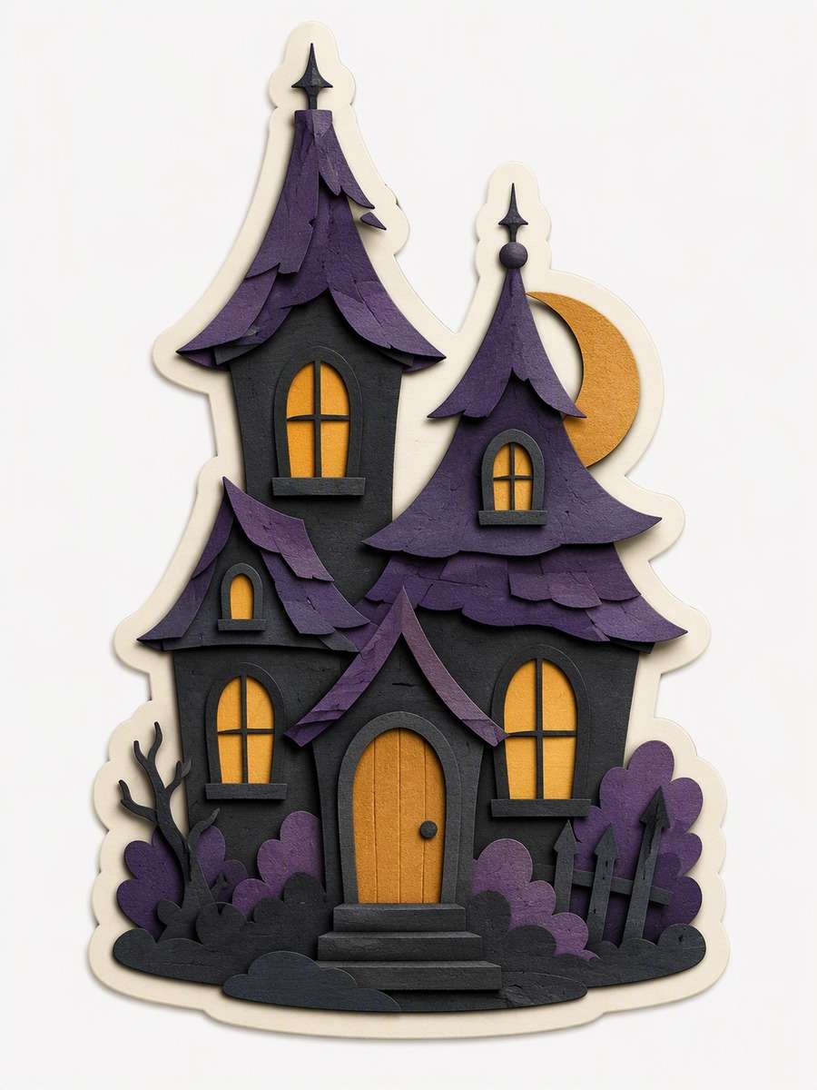 Paper-Cut Haunted House: AI-generated Halloween sticker prompts example