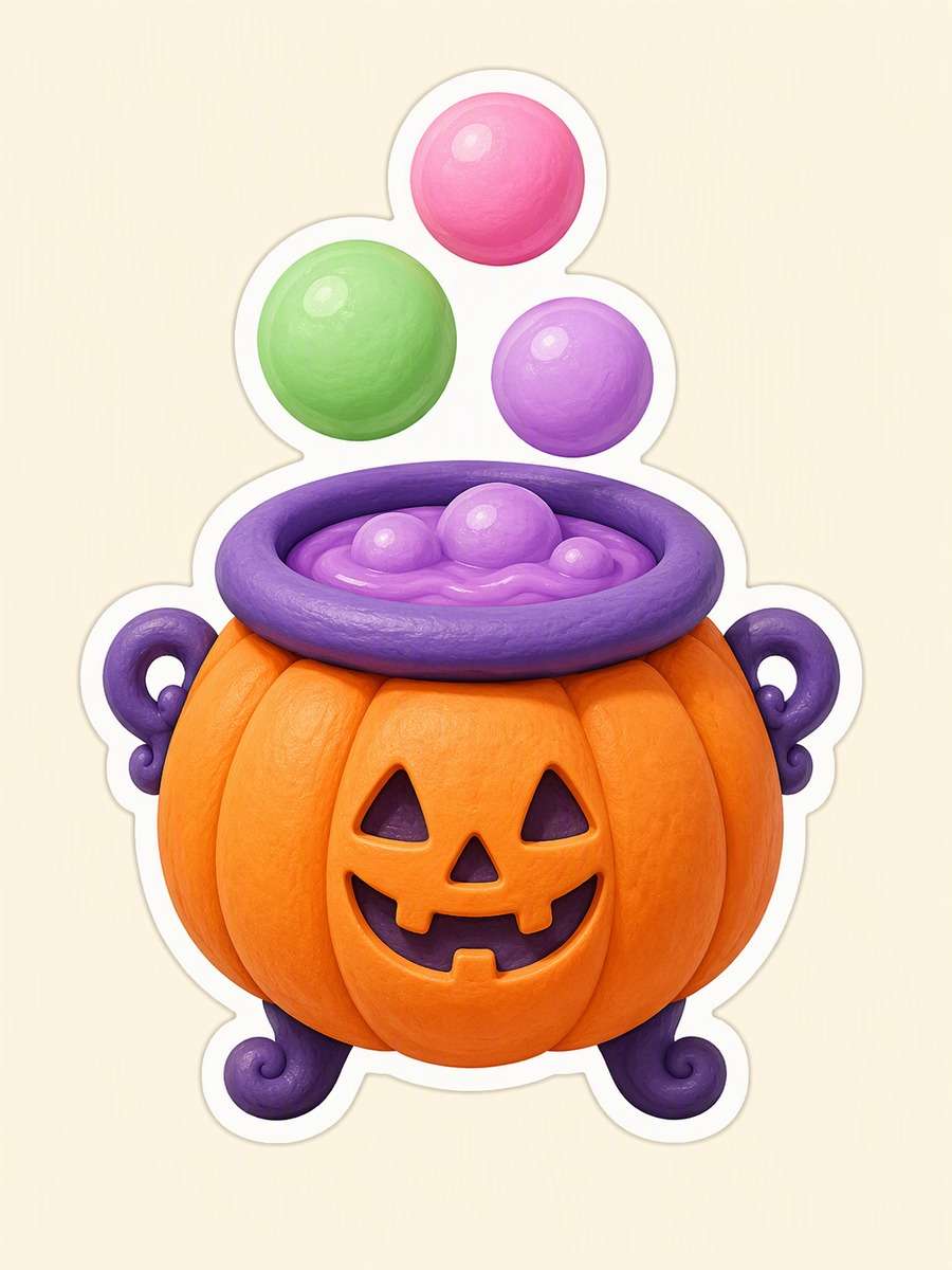Clay Pumpkin Cauldron: AI-generated Halloween sticker prompts example