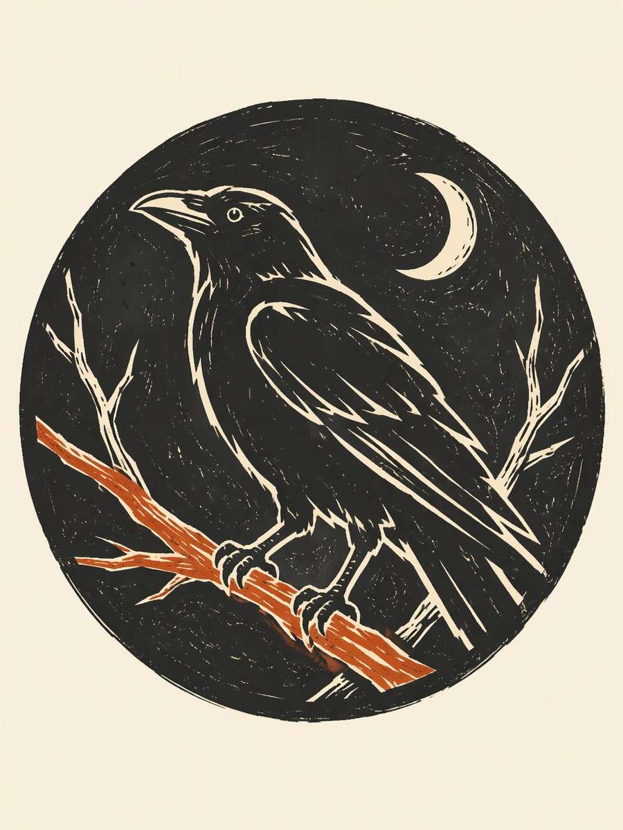 Linocut Crow Moon: AI-generated Halloween sticker prompts example