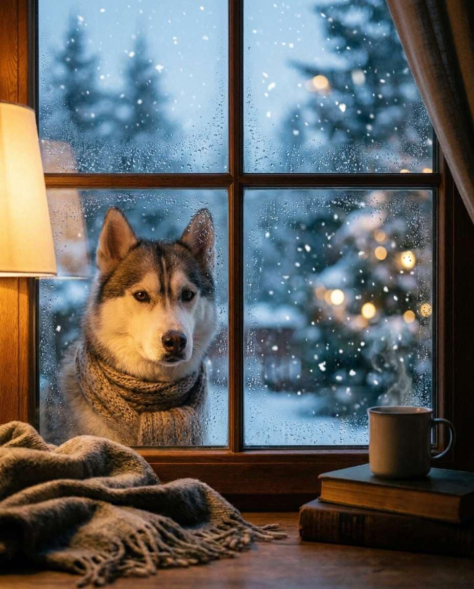 snowy cabin window photo