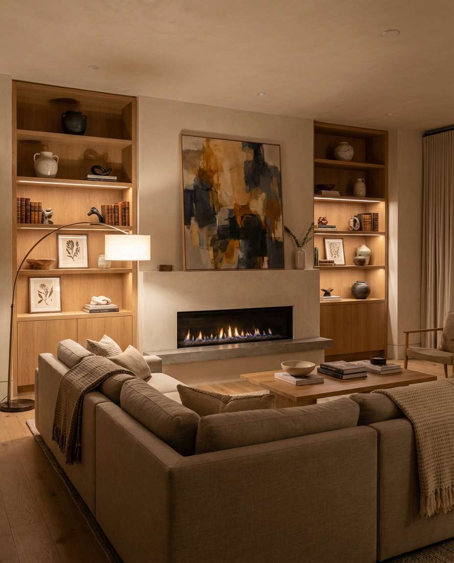 warm modern fireplace wall photo