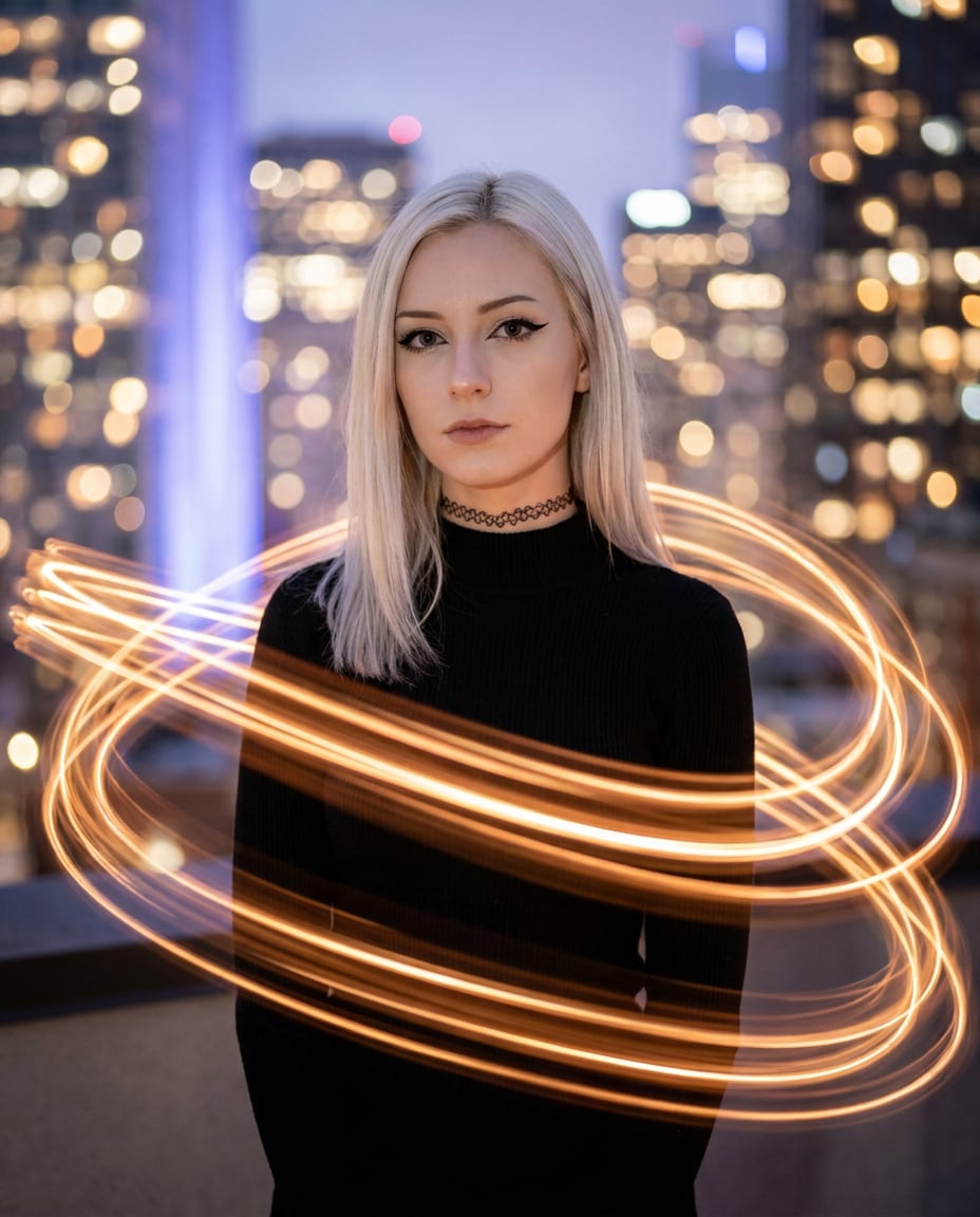 city rooftop light paint photo