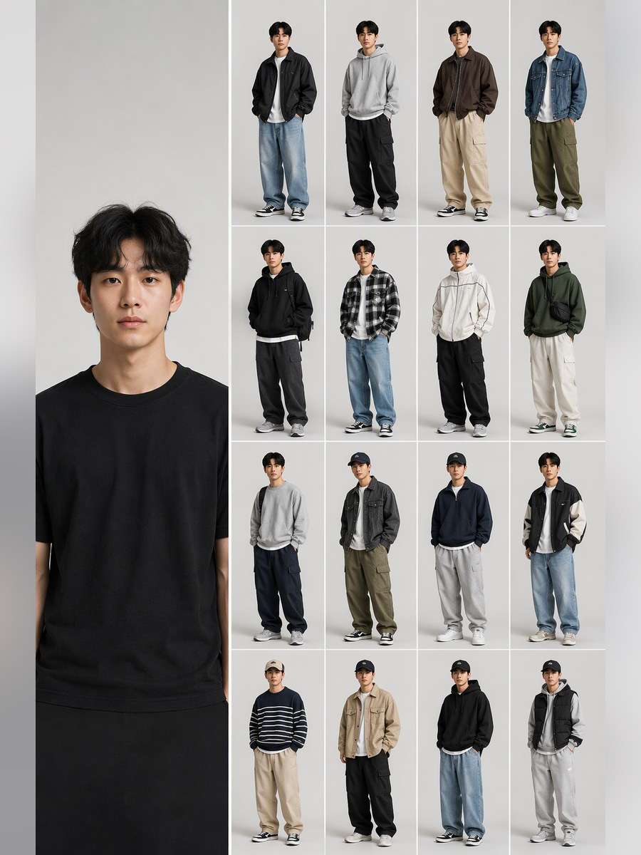 Everyday 16-Look Streetwear Board — illustrative image-to-image before and after