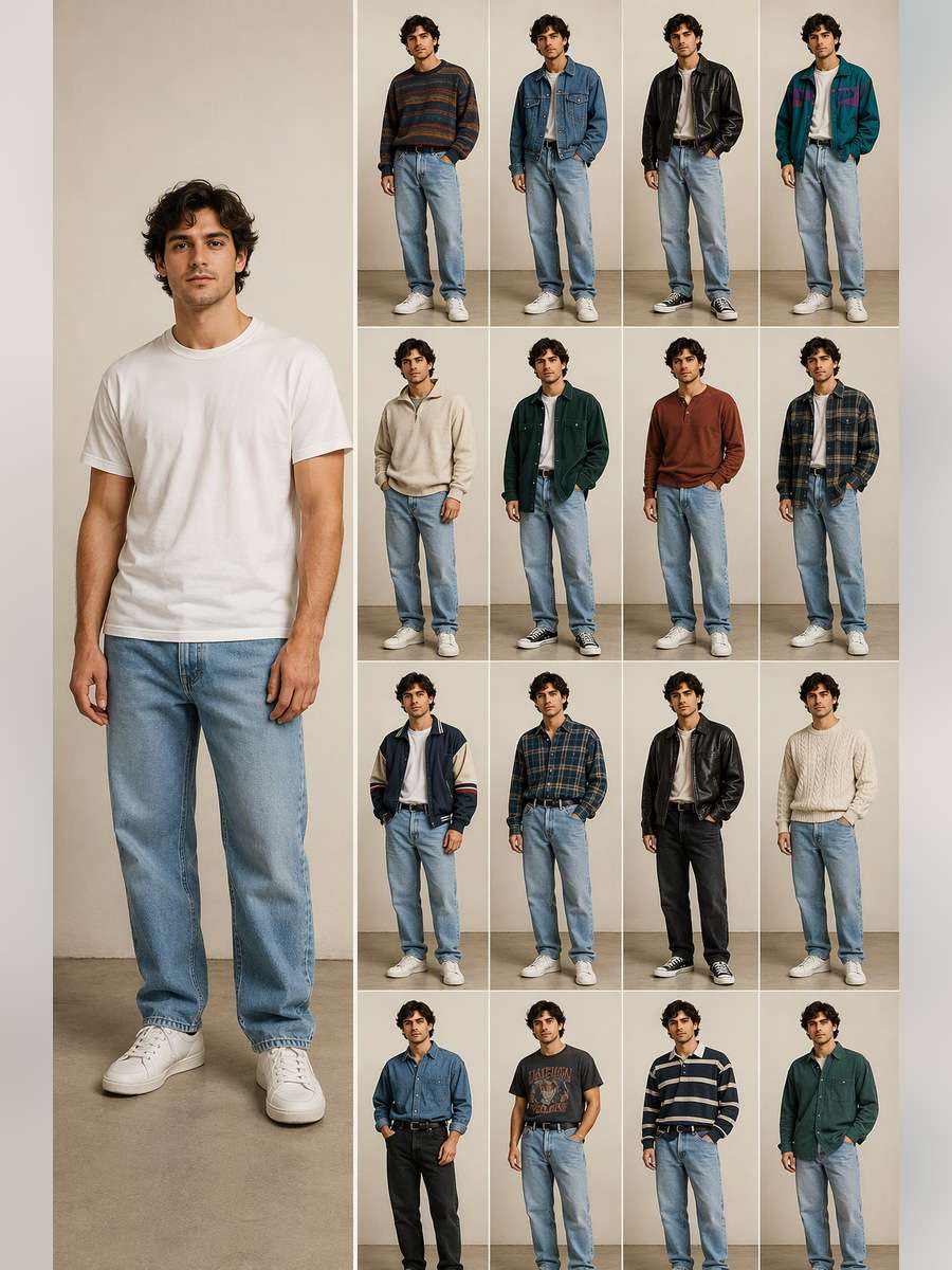 Retro 1990s Wardrobe Grid — illustrative image-to-image before and after