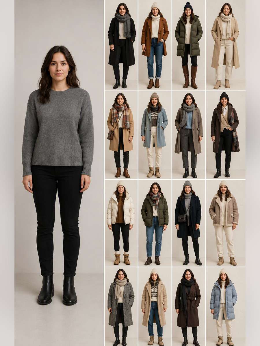 Winter Layering Comparison — illustrative image-to-image before and after