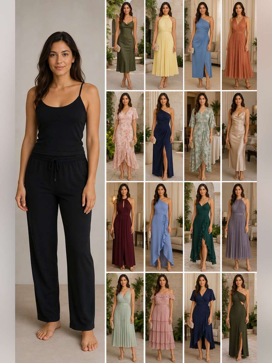 Wedding Guest Wardrobe — illustrative image-to-image before and after