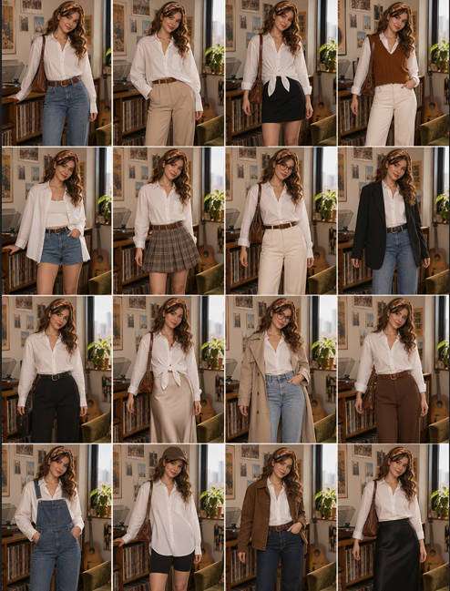 One White Shirt Sixteen Ways — illustrative image-to-image before and after