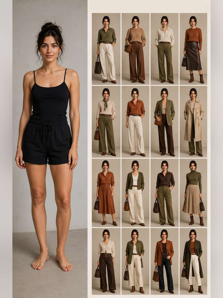 Earth-Tone Outfit Palette — illustrative image-to-image before and after