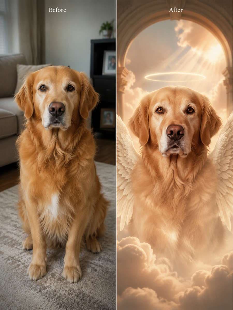 A Companion Remembered: Soft Angel Tribute: reference Before and AI-created remembrance After