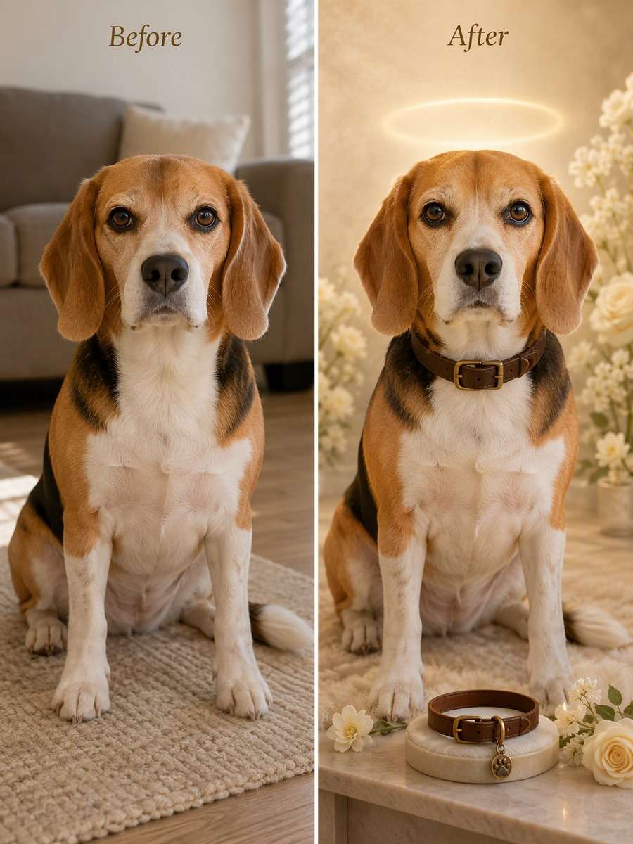 Collar and Memory Keepsake: reference Before and AI-created remembrance After
