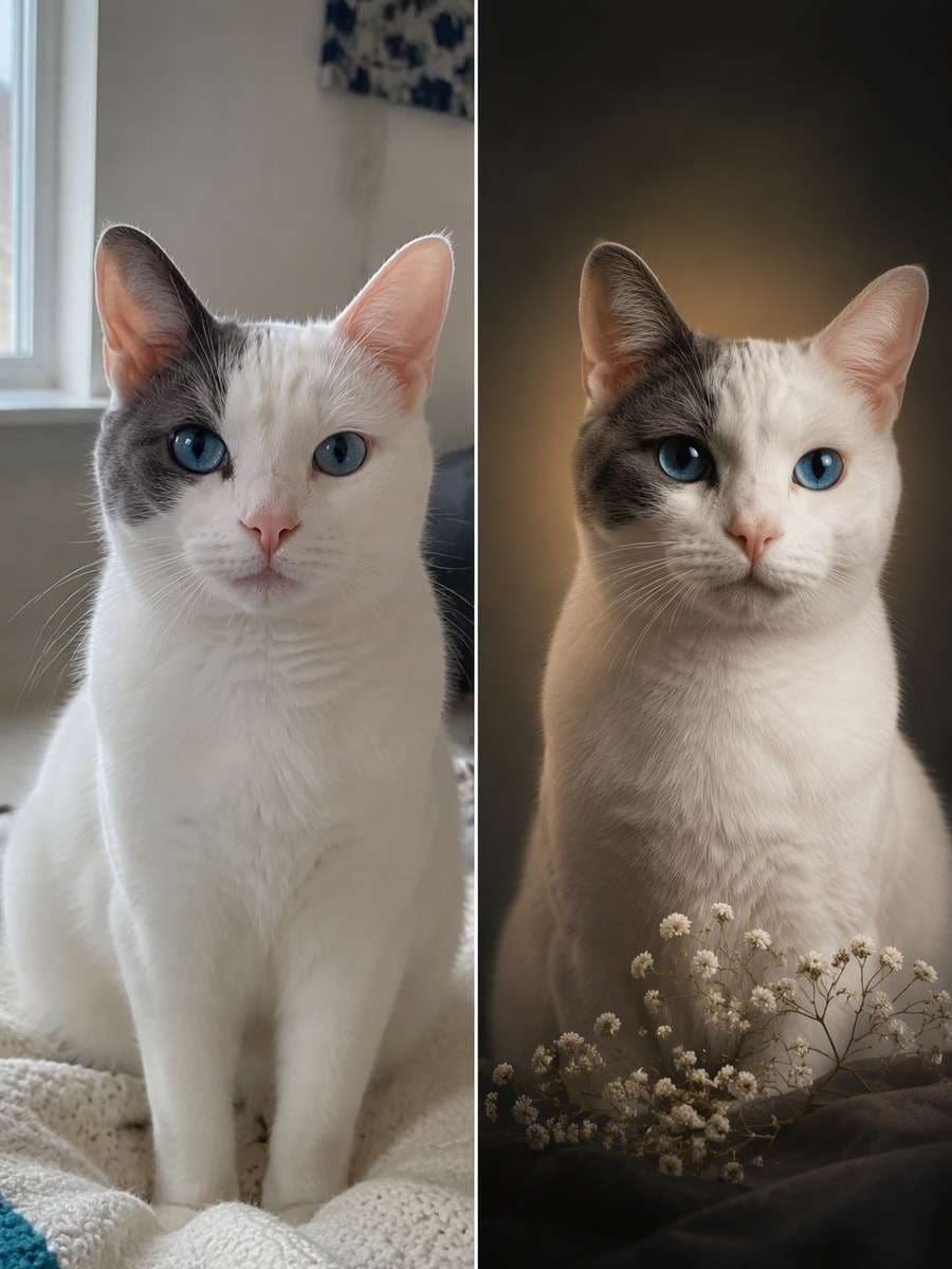 Quiet Halo Gallery Portrait: reference Before and AI-created remembrance After