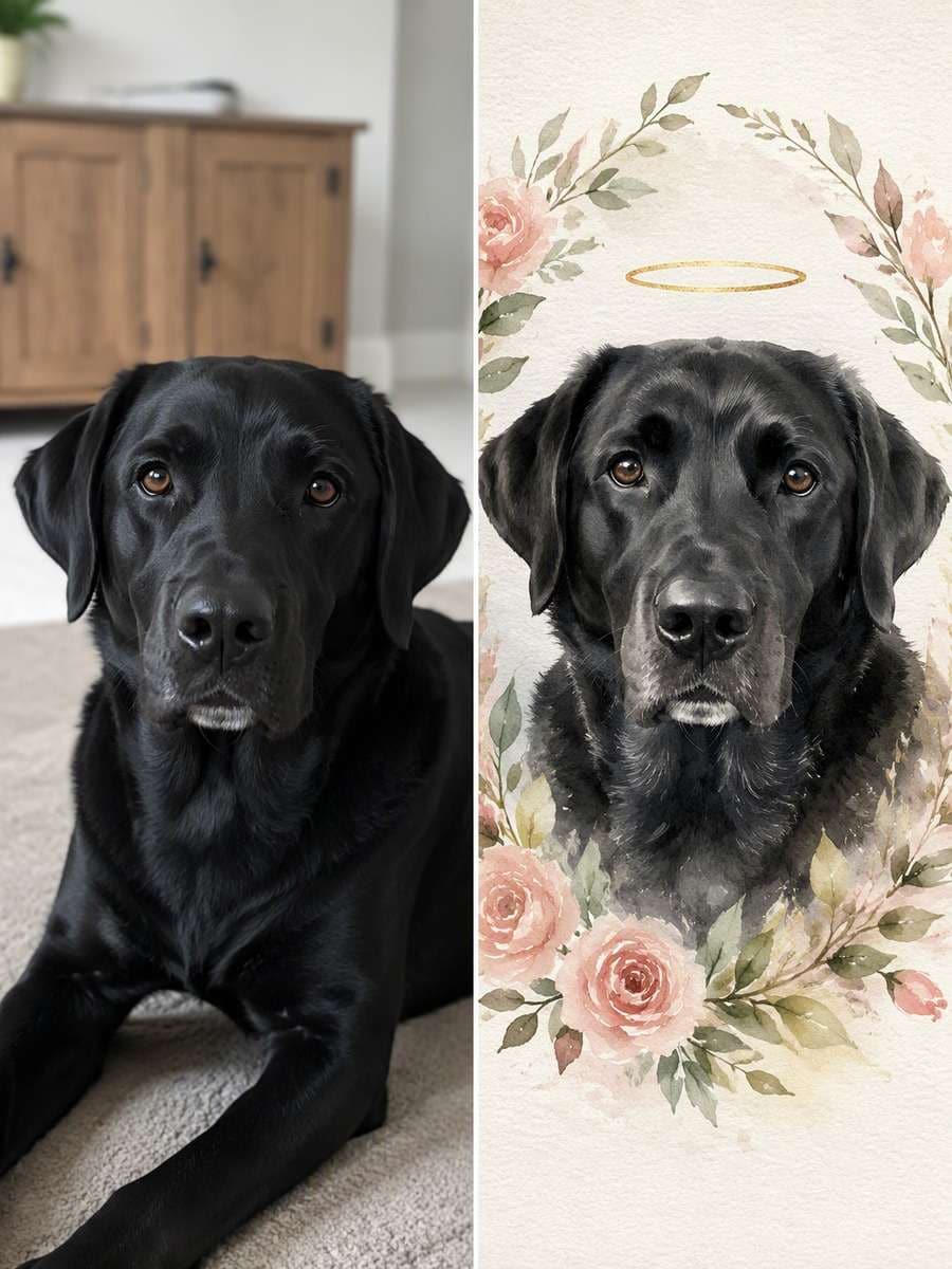 Watercolor Remembrance Wreath: reference Before and AI-created remembrance After