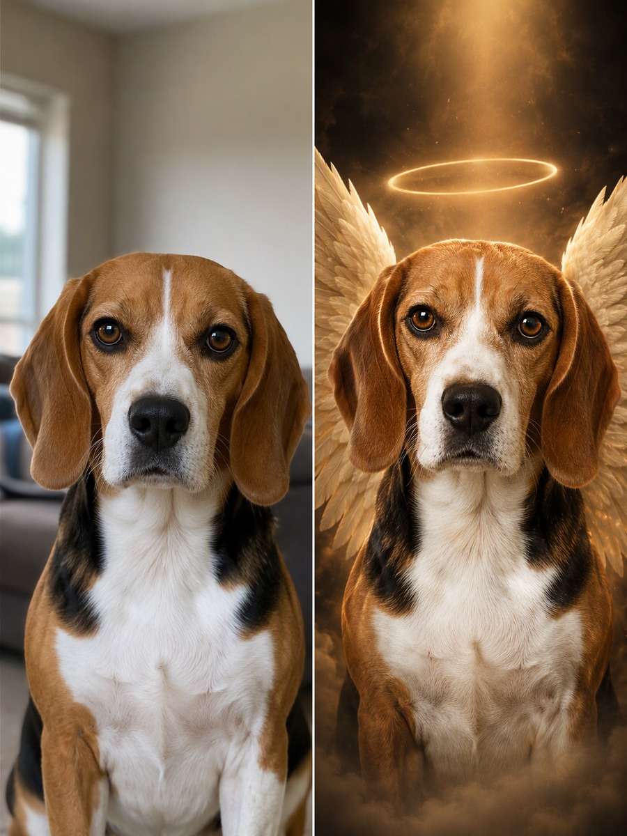 Golden Feather Memorial: reference Before and AI-created remembrance After