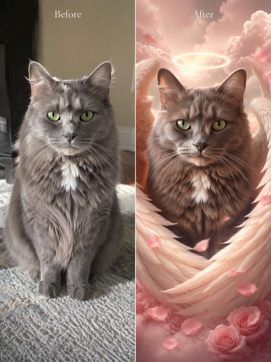 Rose-Petal Angel Portrait: reference Before and AI-created remembrance After