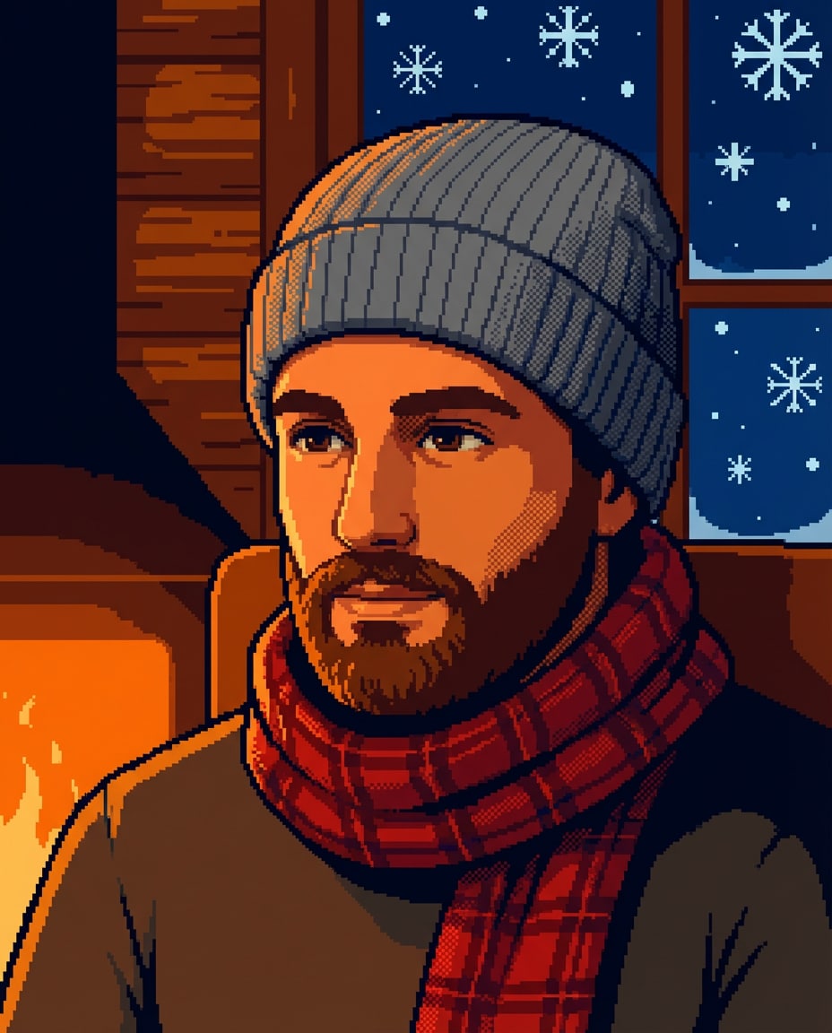 snowy cabin night photo