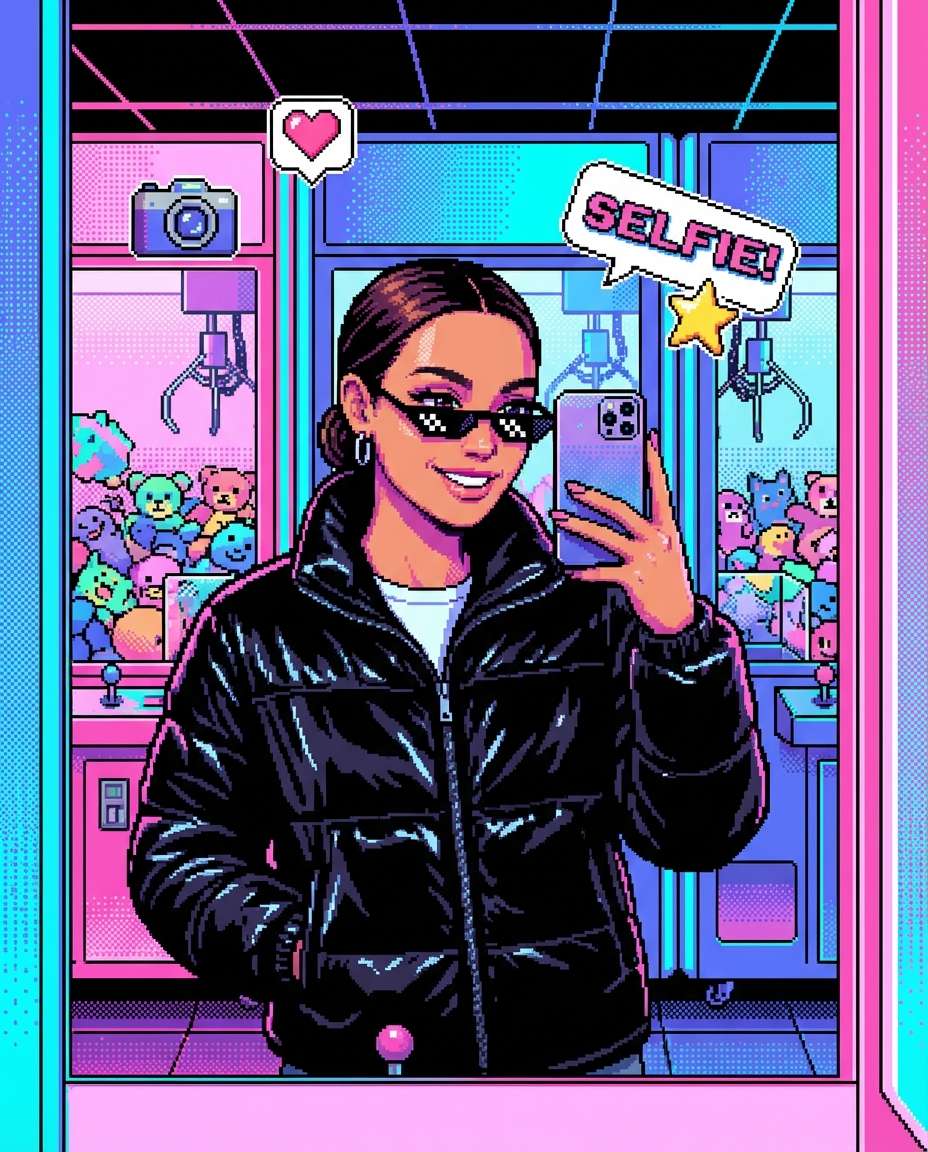 y2k arcade selfie photo