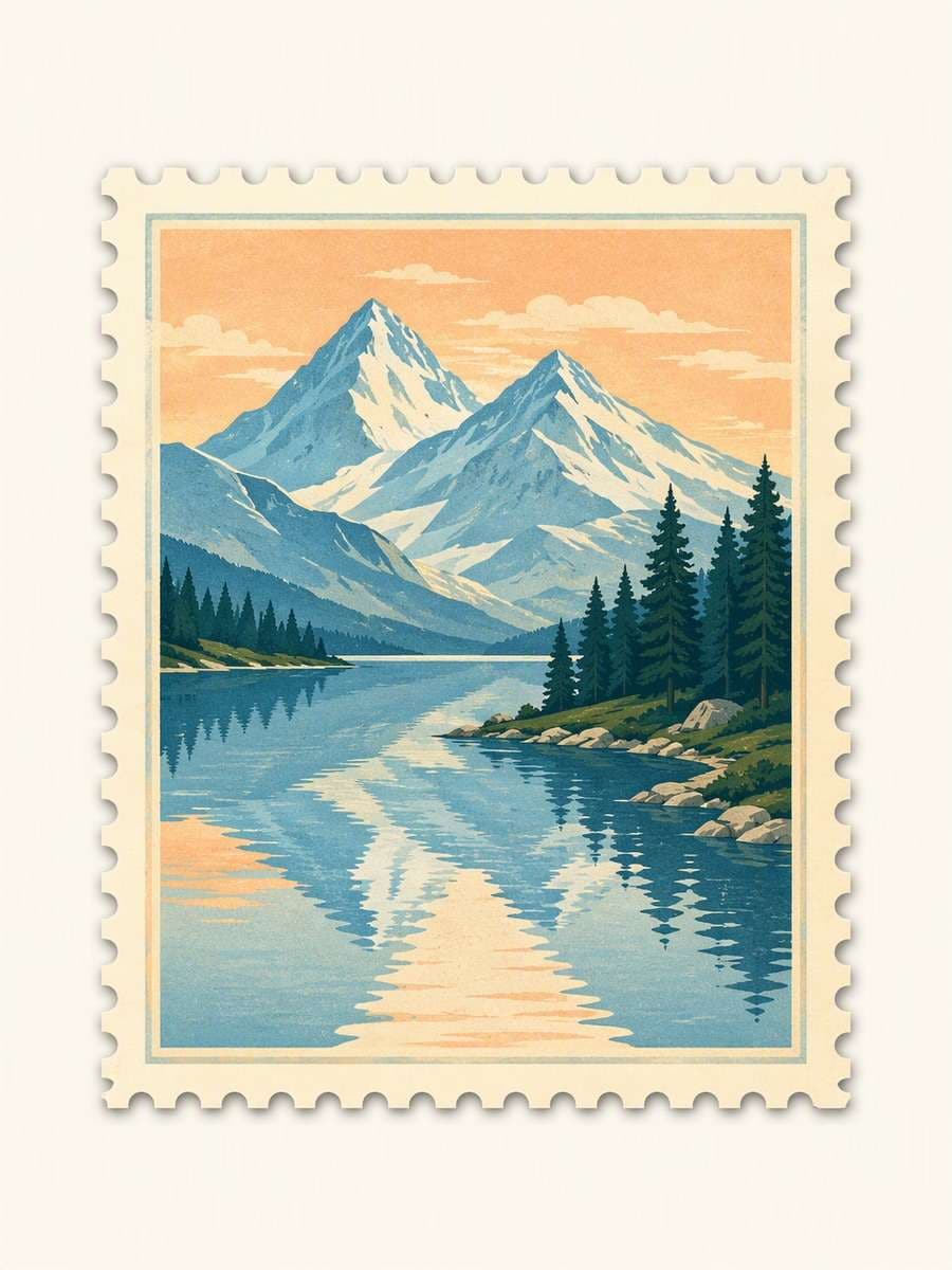 Alpine Lake Travel Mini: AI-generated postage stamp image prompts example