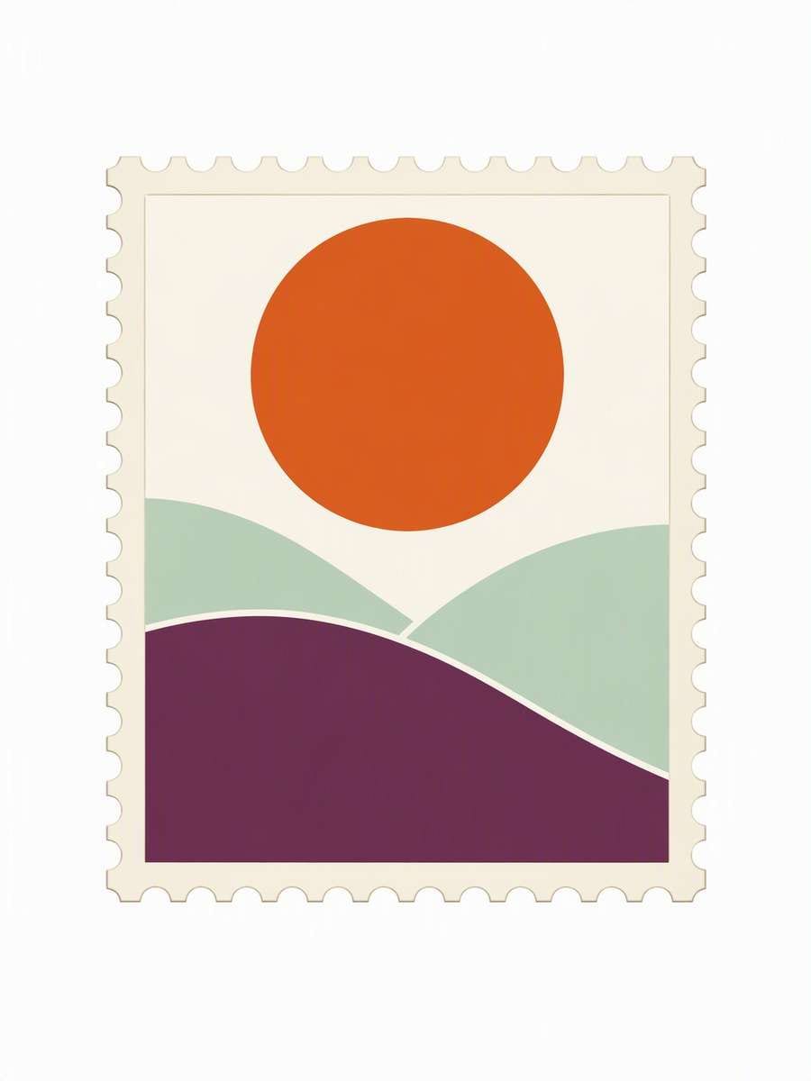 Geometric Sun and Hills: AI-generated postage stamp image prompts example