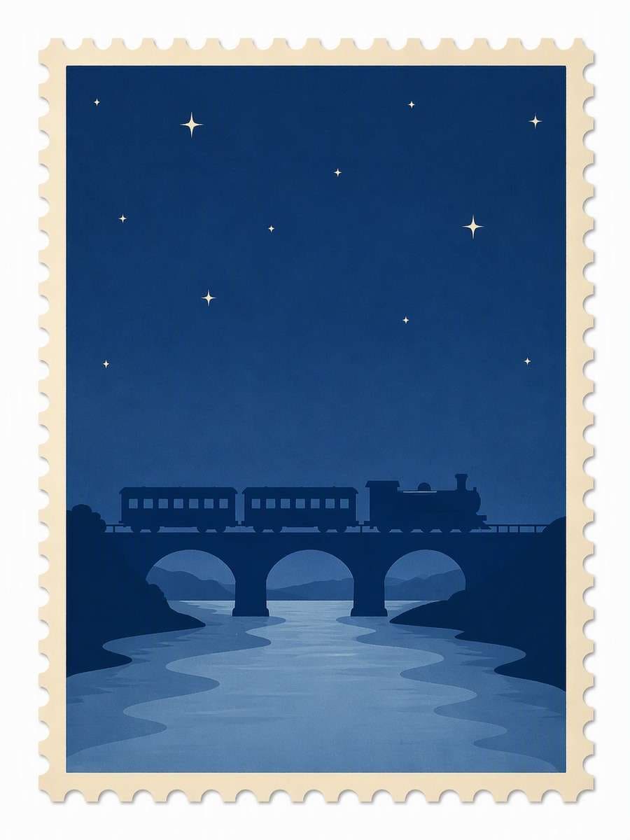 Minimal Night Train: AI-generated postage stamp image prompts example