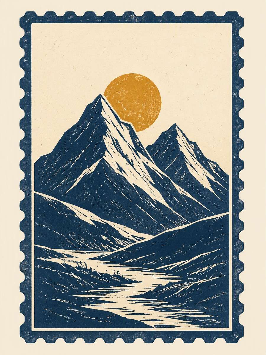 Linocut Mountain Sunrise: original AI-generated concept preview