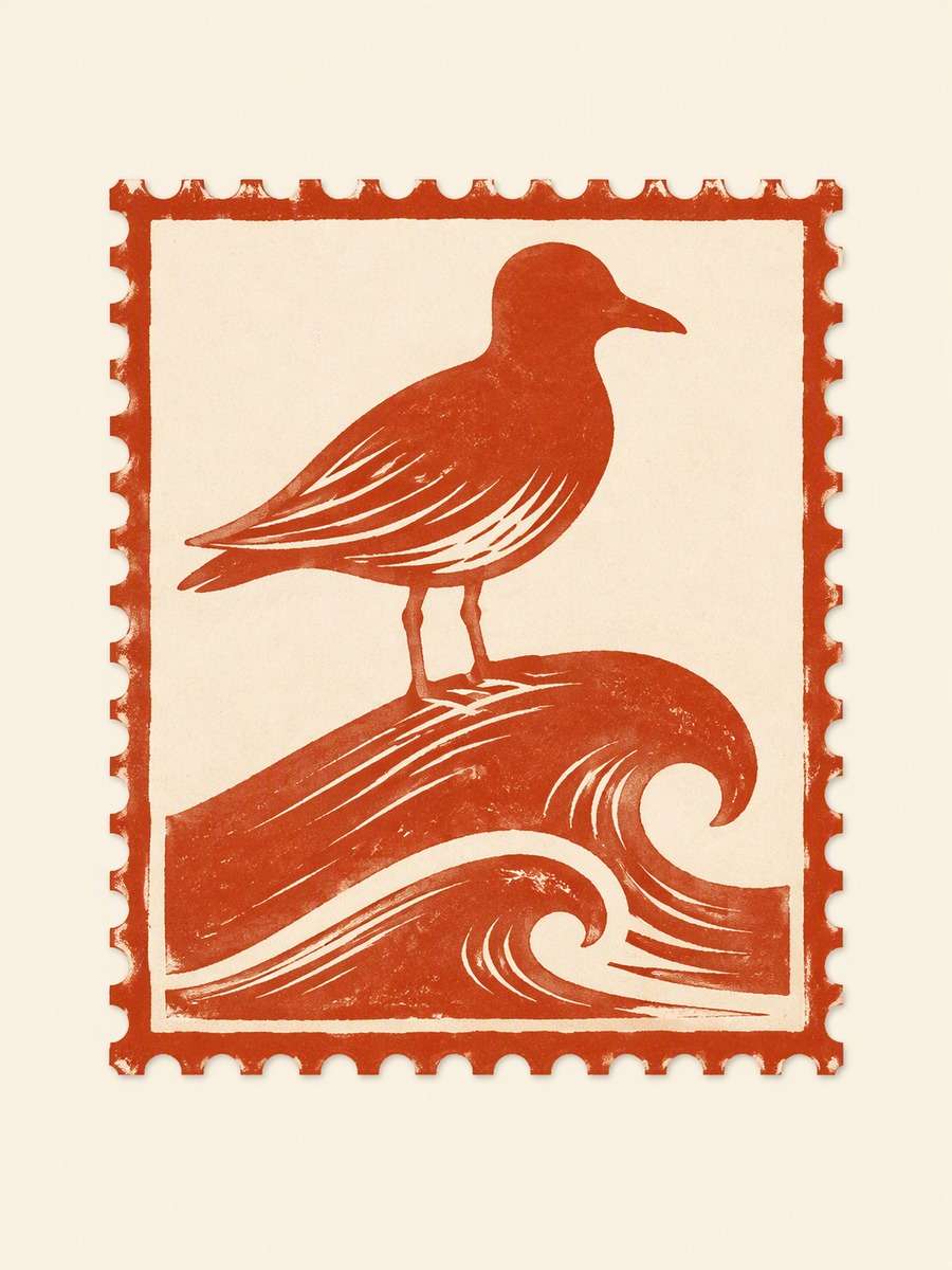 Linocut Coastal Bird: AI-generated postage stamp image prompts example