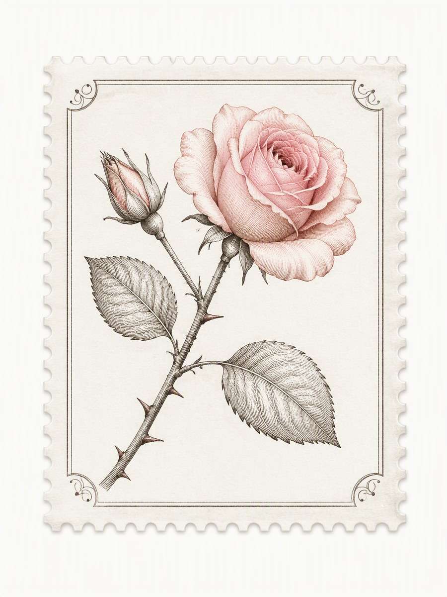 Botanical Copperplate Rose: AI-generated postage stamp image prompts example