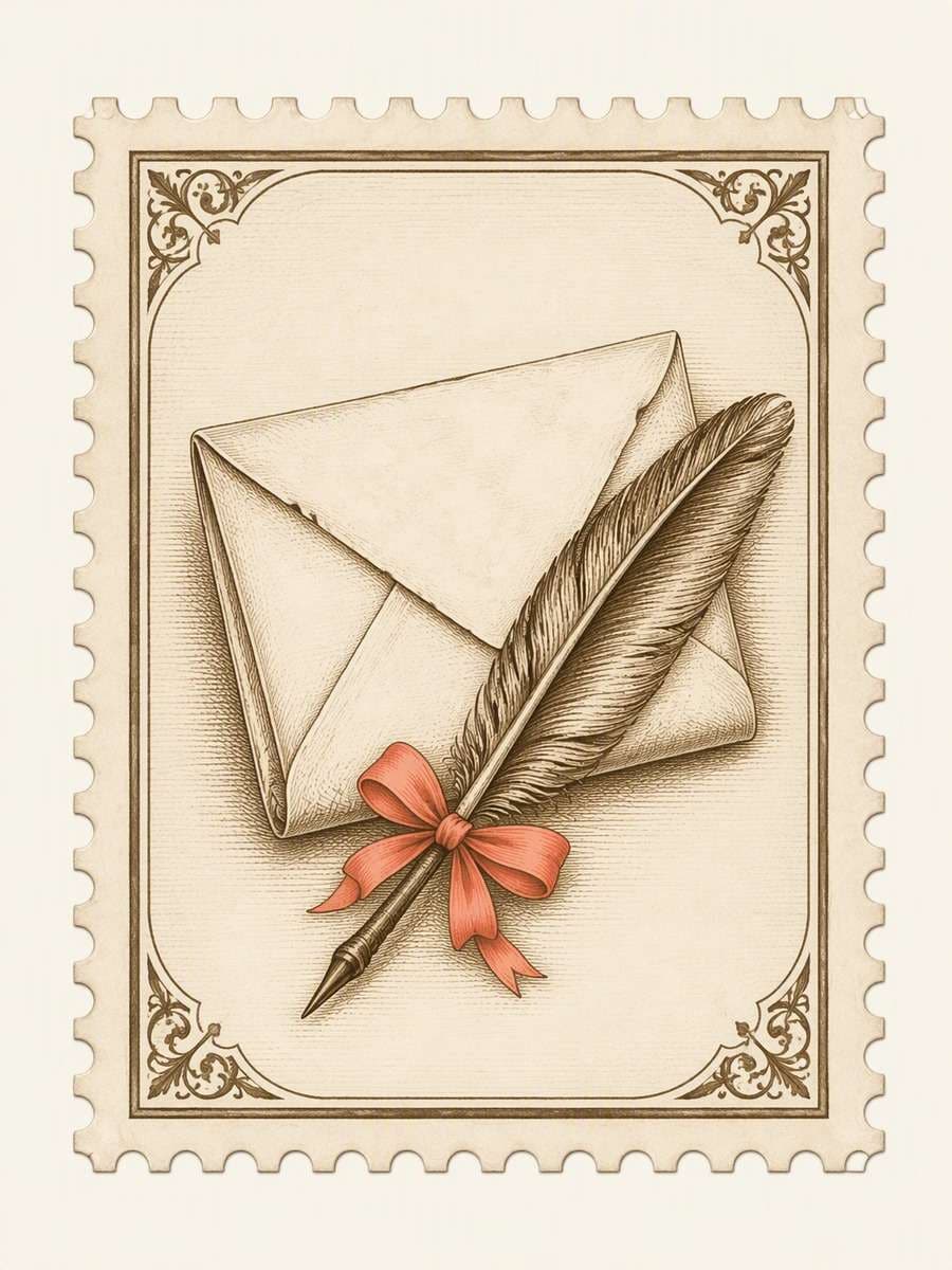 Letter-and-Quill Stamp: AI-generated postage stamp image prompts example