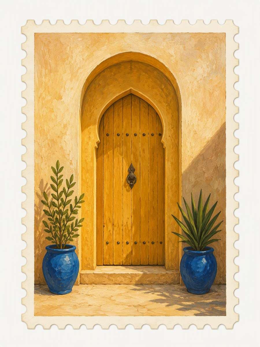 Mediterranean Doorway: AI-generated postage stamp image prompts example