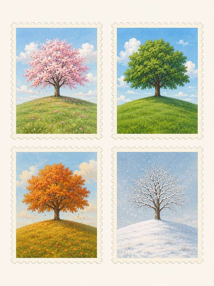Four Seasons Landscape Set: AI-generated postage stamp image prompts example