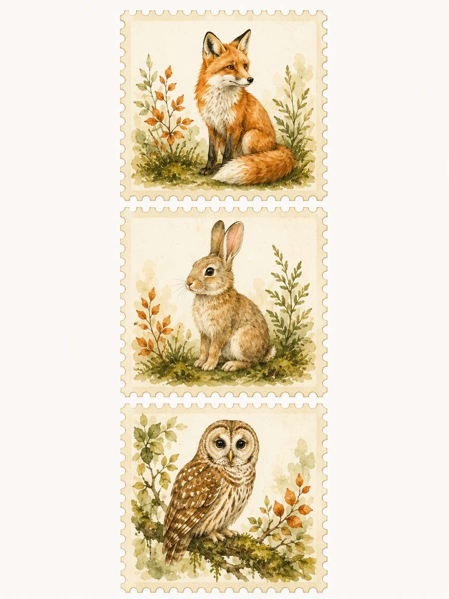 Woodland Animal Trio: AI-generated postage stamp image prompts example