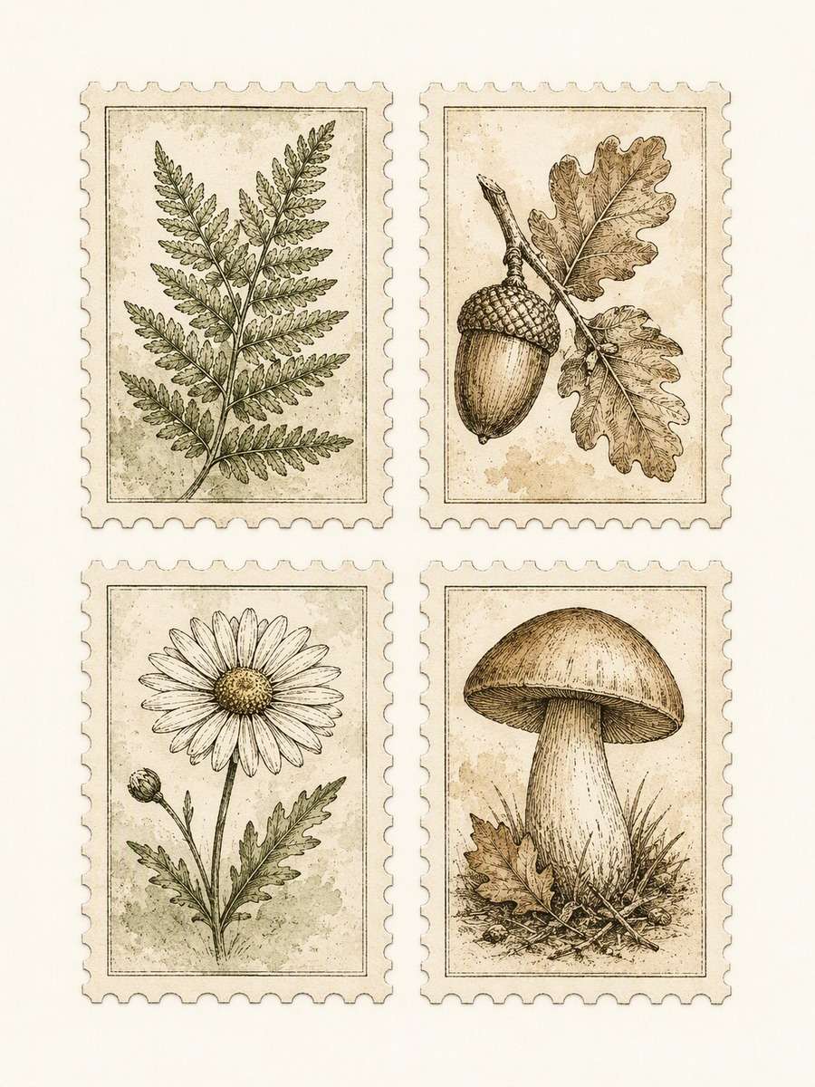 Botanical Specimen Quartet: AI-generated postage stamp image prompts example