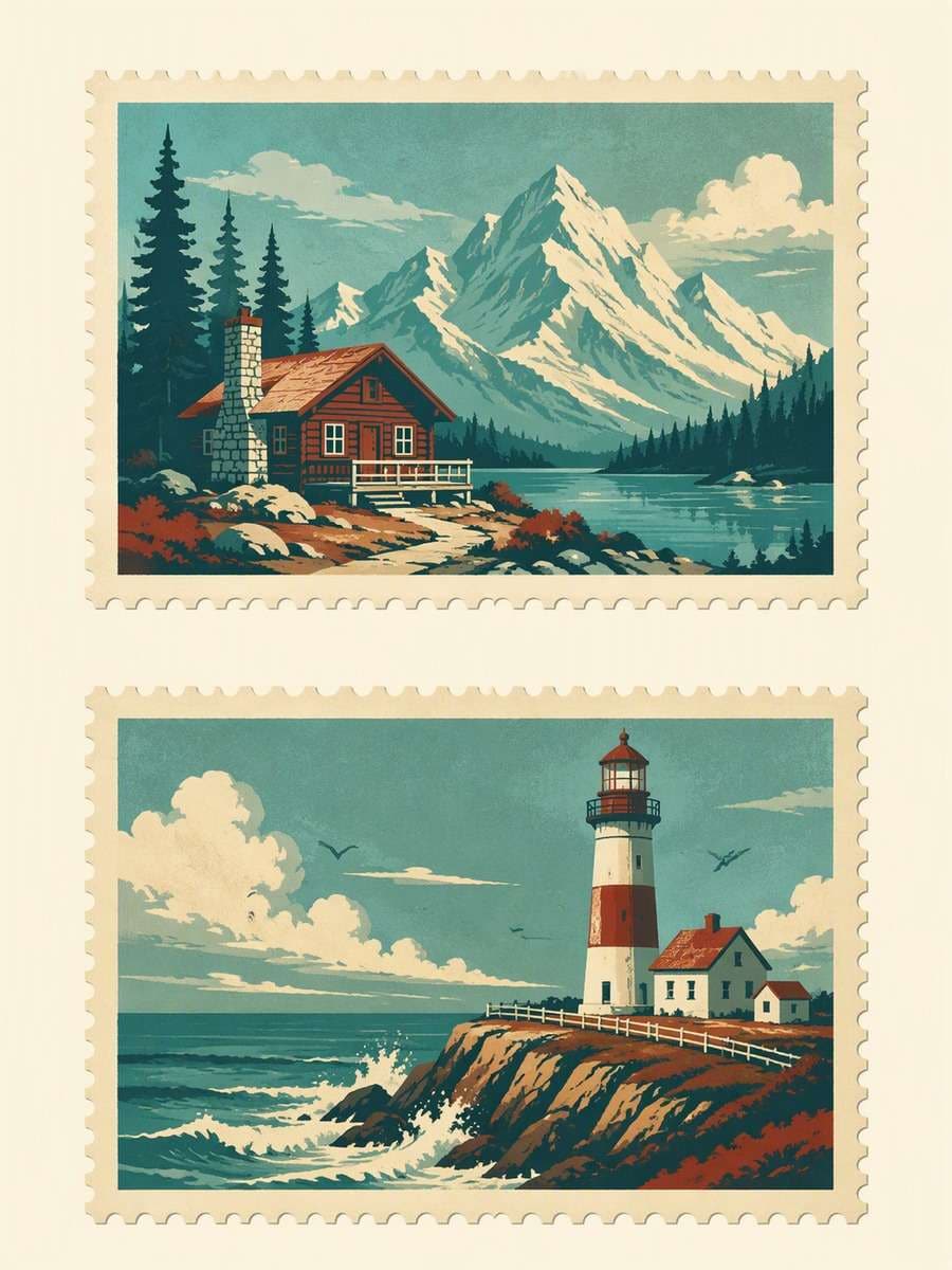 Retro Journey Pair: AI-generated postage stamp image prompts example