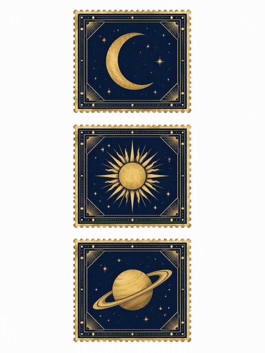 Celestial Collector Trio: AI-generated postage stamp image prompts example