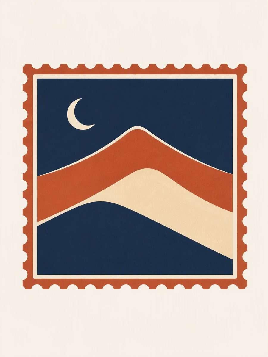 Desert Moon Stamp: AI-generated postage stamp image prompts example