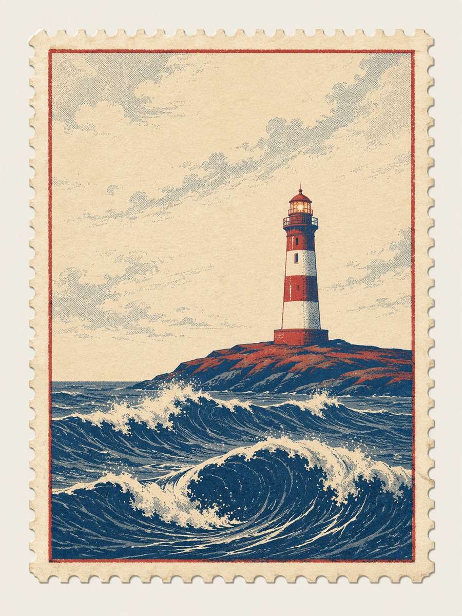 Quiet Lighthouse Postcard: AI-generated postage stamp image prompts example